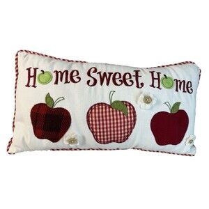 Home Sweet Home Plaid Apple Lumbar Pillow with 3D Flower Buttons Cottagecore
